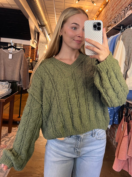 Olive Cropped V-Neck Sweater