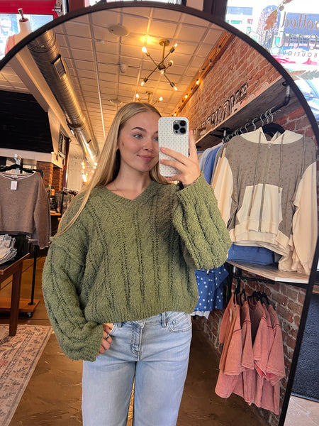 Olive Cropped V-Neck Sweater
