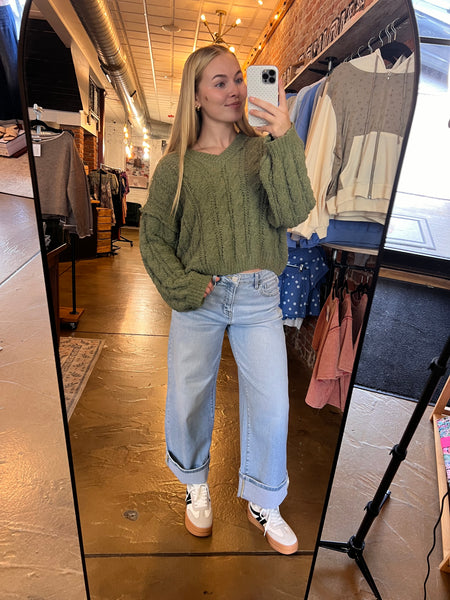 Olive Cropped V-Neck Sweater