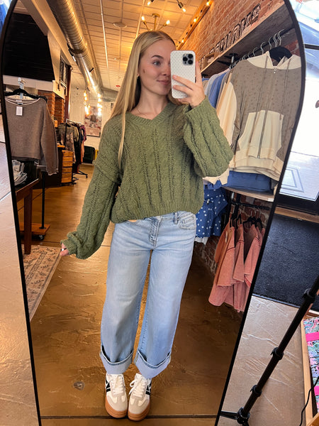 Olive Cropped V-Neck Sweater