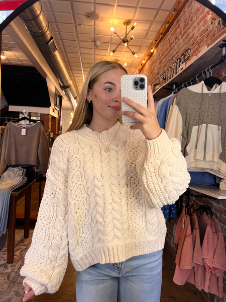 Cream Mock Neck Balloon Sleeve Cable Knit Sweater