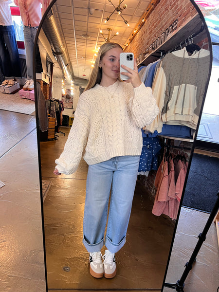 Cream Mock Neck Balloon Sleeve Cable Knit Sweater