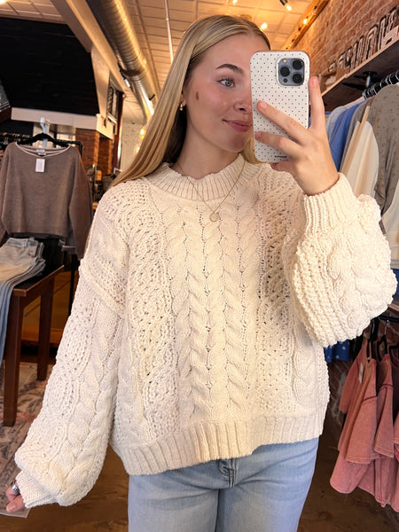 Cream Mock Neck Balloon Sleeve Cable Knit Sweater