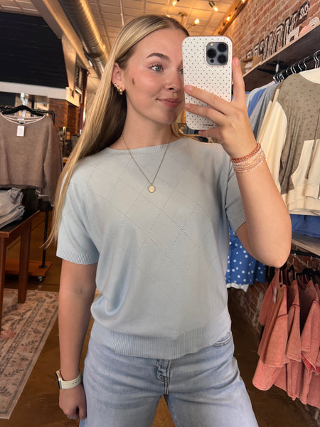 Sky Blue Short Sleeve Diamond Pointelle Top