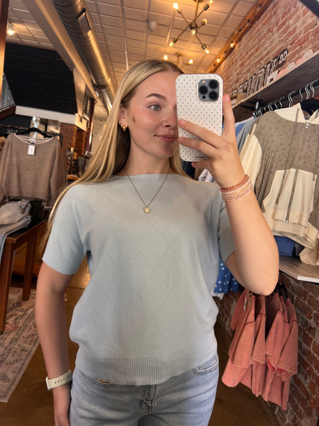 Sky Blue Short Sleeve Diamond Pointelle Top