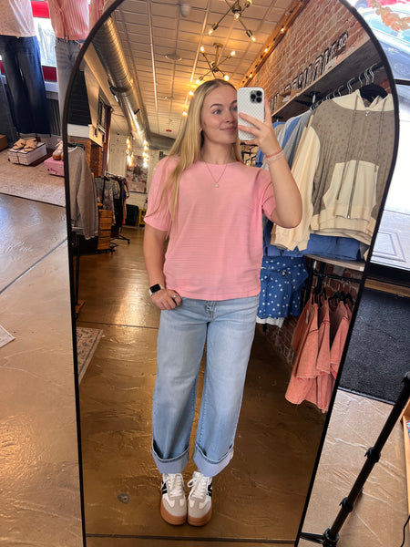 Pink Soft Ribbed Short Sleeve Top