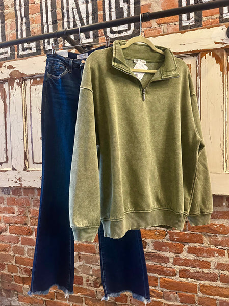 Curvy Light Olive Acid Wash Fleece Half Zip Pullover