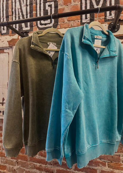 Curvy Light Teal Acid Wash Fleece Half Zip Pullover
