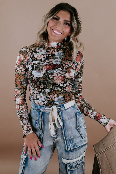 Mocha Floral Mesh Long Sleeve Top