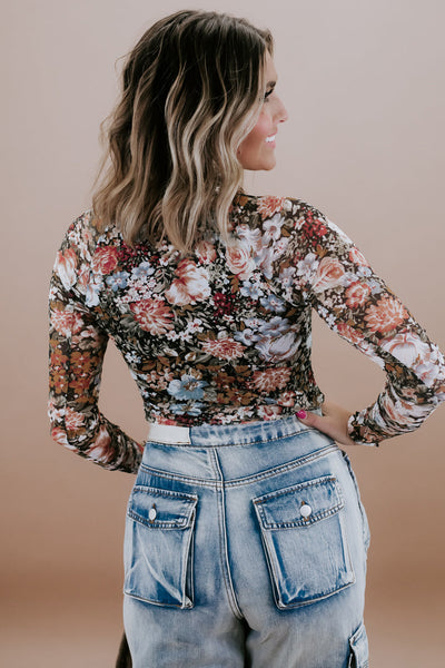 Mocha Floral Mesh Long Sleeve Top