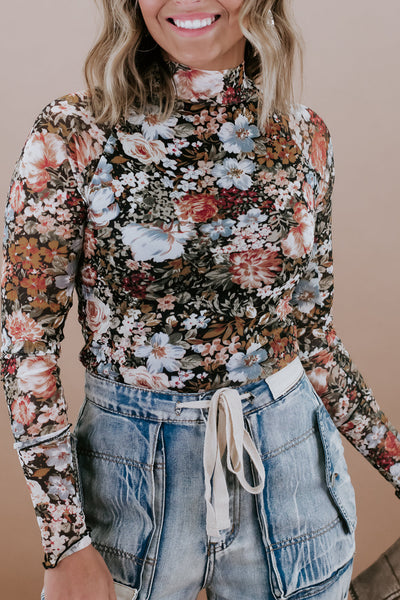 Mocha Floral Mesh Long Sleeve Top