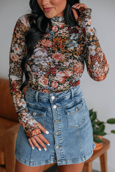 Mocha Floral Mesh Long Sleeve Top