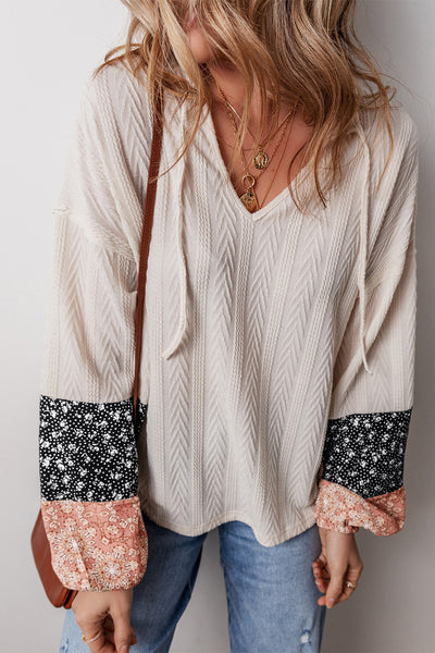 Beige & Floral Drawstring Top