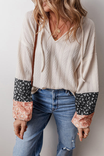 Beige & Floral Drawstring Top