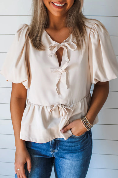 Cream Bow Puff Sleeve Ruffle Hem Blouse