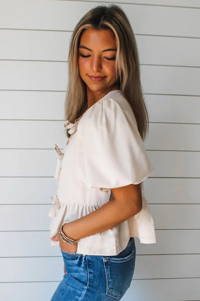 Cream Bow Puff Sleeve Ruffle Hem Blouse