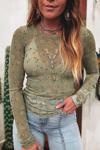 Olive Vintage Floral Mesh Long Sleeve Top