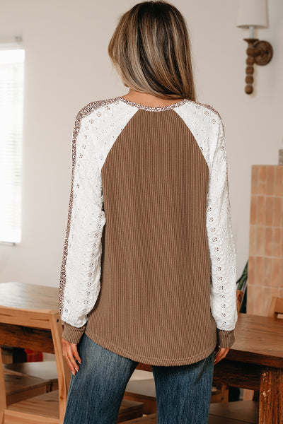 Cocoa Ribbed Leopard & Lace Long Sleeve Top