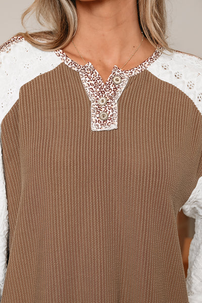 Cocoa Ribbed Leopard & Lace Long Sleeve Top