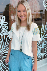 Ivory Stripes & Floral Contrast Tee
