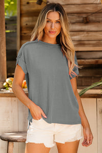 Grey Textured Knit Exposed Stitching Tee