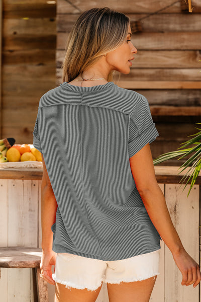 Grey Textured Knit Exposed Stitching Tee