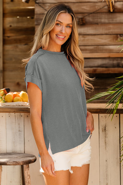 Grey Textured Knit Exposed Stitching Tee