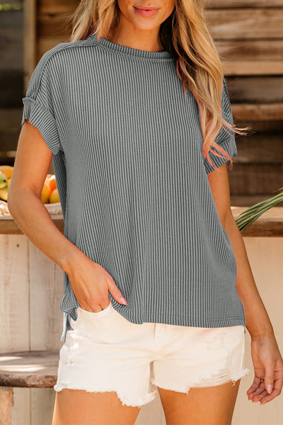 Grey Textured Knit Exposed Stitching Tee