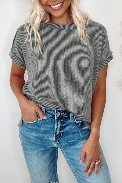 Grey Textured Knit Exposed Stitching Tee