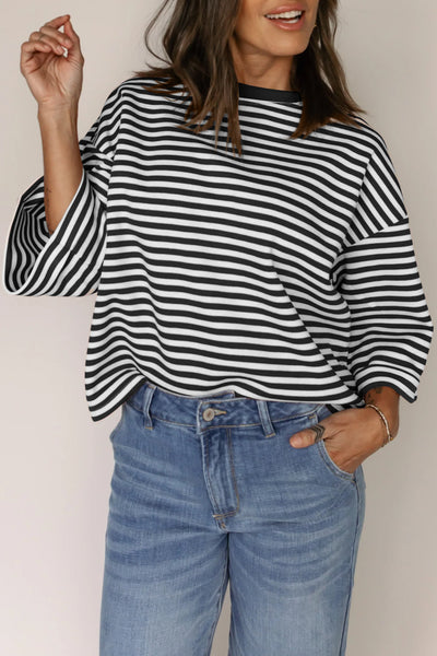 Black Stripe Bow Cutout Wide Sleeve Top