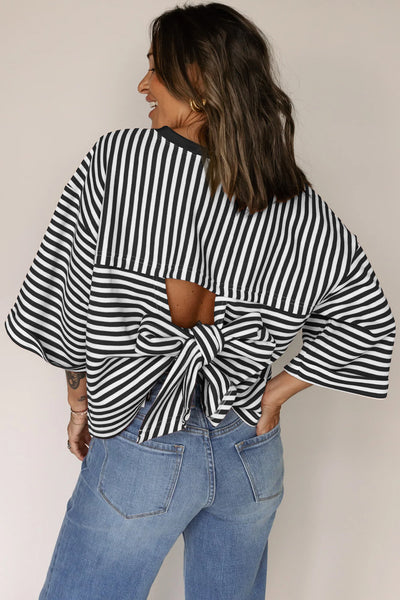 Black Stripe Bow Cutout Wide Sleeve Top