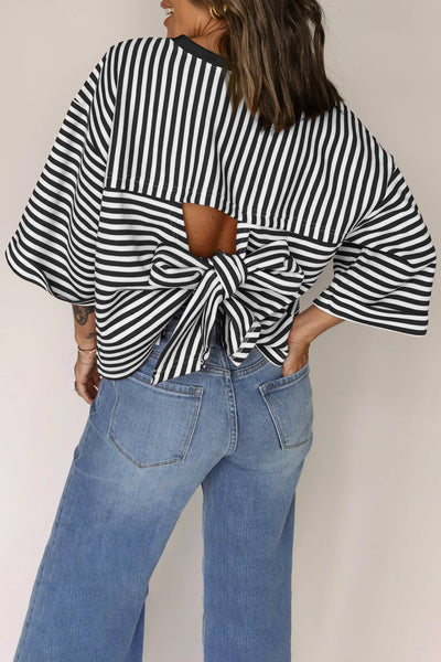 Black Stripe Bow Cutout Wide Sleeve Top
