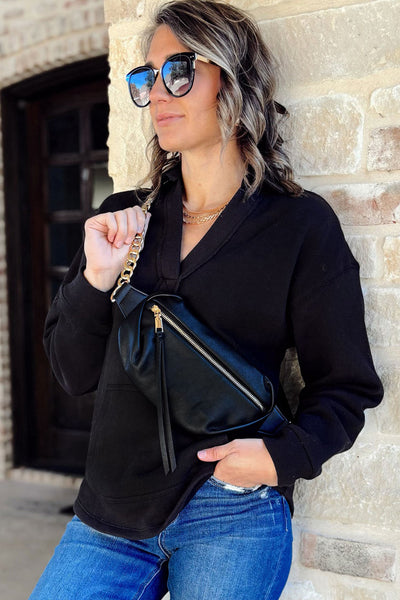 Black V-Neck Collared Sweatshirt