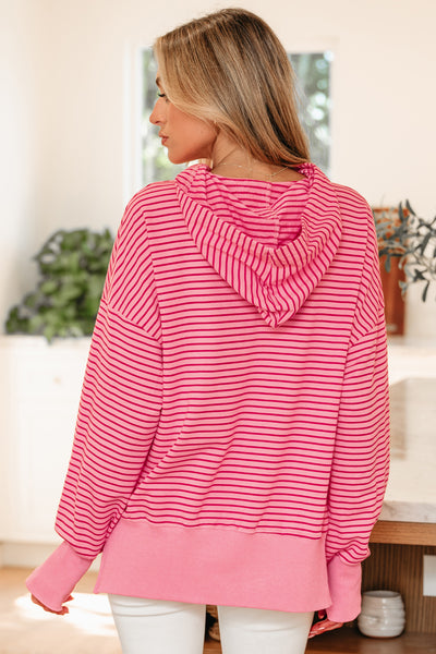 Pink Stripe Thumbhole Side Slit Hoodie