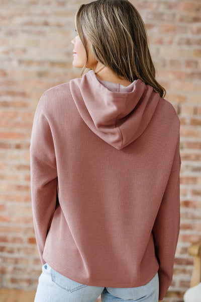 Mauve Ribbed Drawstring Hooded Sweatshirt