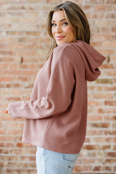 Mauve Ribbed Drawstring Hooded Sweatshirt