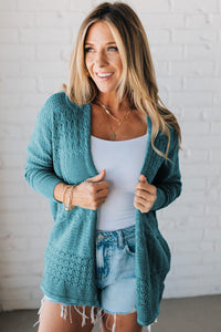 Teal Hollowed Knit Open Front Cardigan