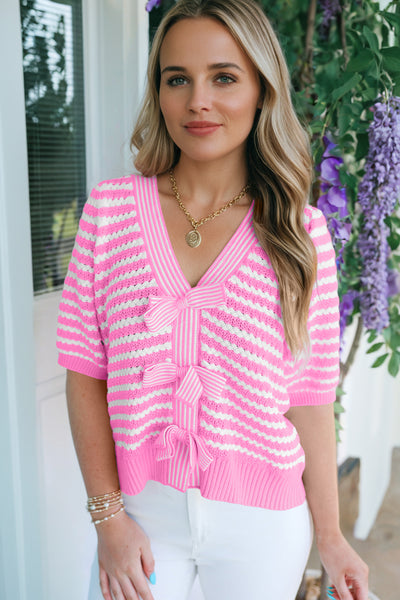 Pink Stripe Short Sleeve Bow Knot Sweater