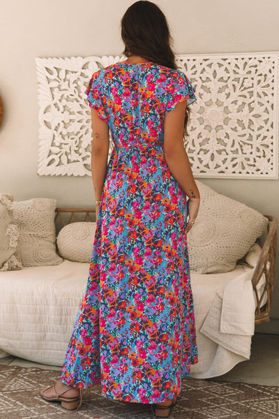 Blue Floral V-Neck Wrap Split Maxi Dress