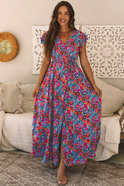 Blue Floral V-Neck Wrap Split Maxi Dress