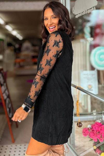 Black Corduroy Sleeveless Mini Dress