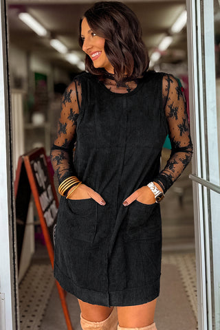 Black Corduroy Sleeveless Mini Dress
