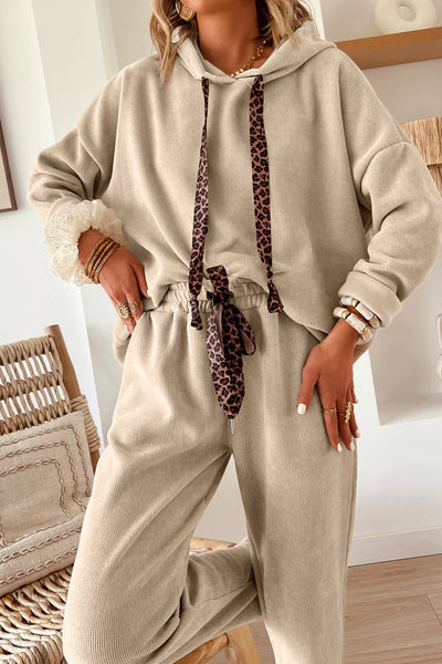 Beige Ribbed Leopard Drawstring Pullover Hoodie & Wide Leg Pant Set