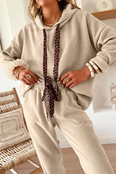 Beige Ribbed Leopard Drawstring Pullover Hoodie & Wide Leg Pant Set