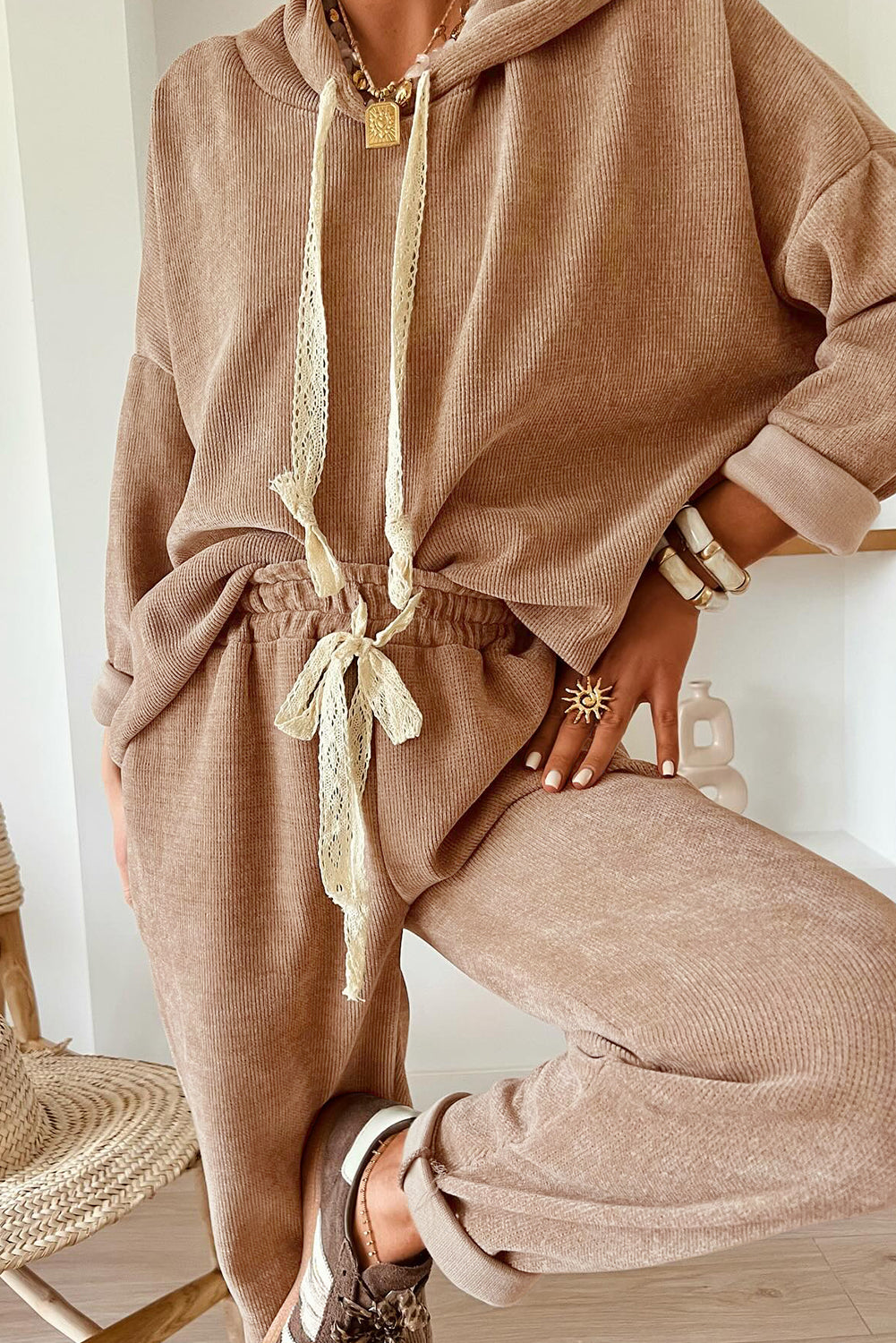 Sand Ribbed Lace Drawstring Pullover Hoodie & Wide Leg Pant Set