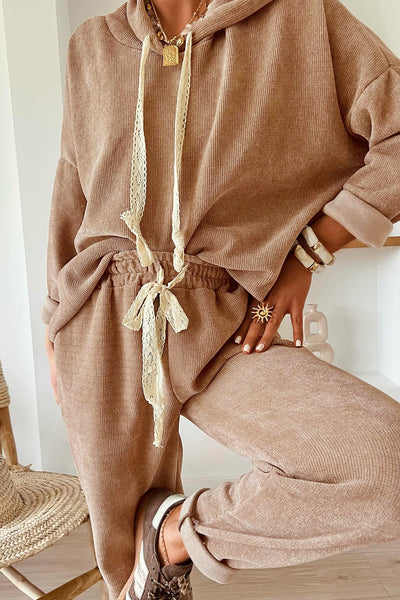 Sand Ribbed Lace Drawstring Pullover Hoodie & Wide Leg Pant Set