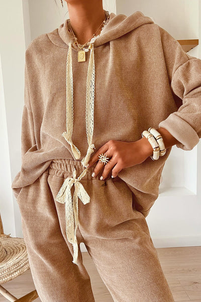 Sand Ribbed Lace Drawstring Pullover Hoodie & Wide Leg Pant Set