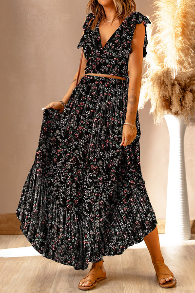 Black Floral Crop Top & Maxi Skirt Set