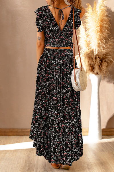 Black Floral Crop Top & Maxi Skirt Set