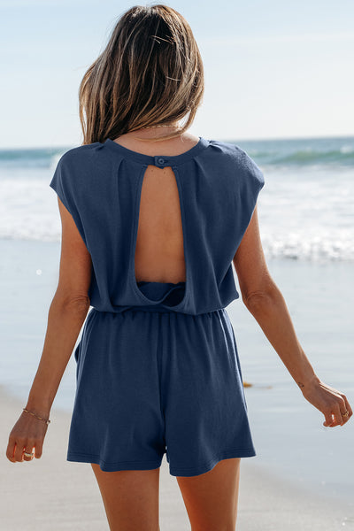 Blue Open Back Drawstring Romper